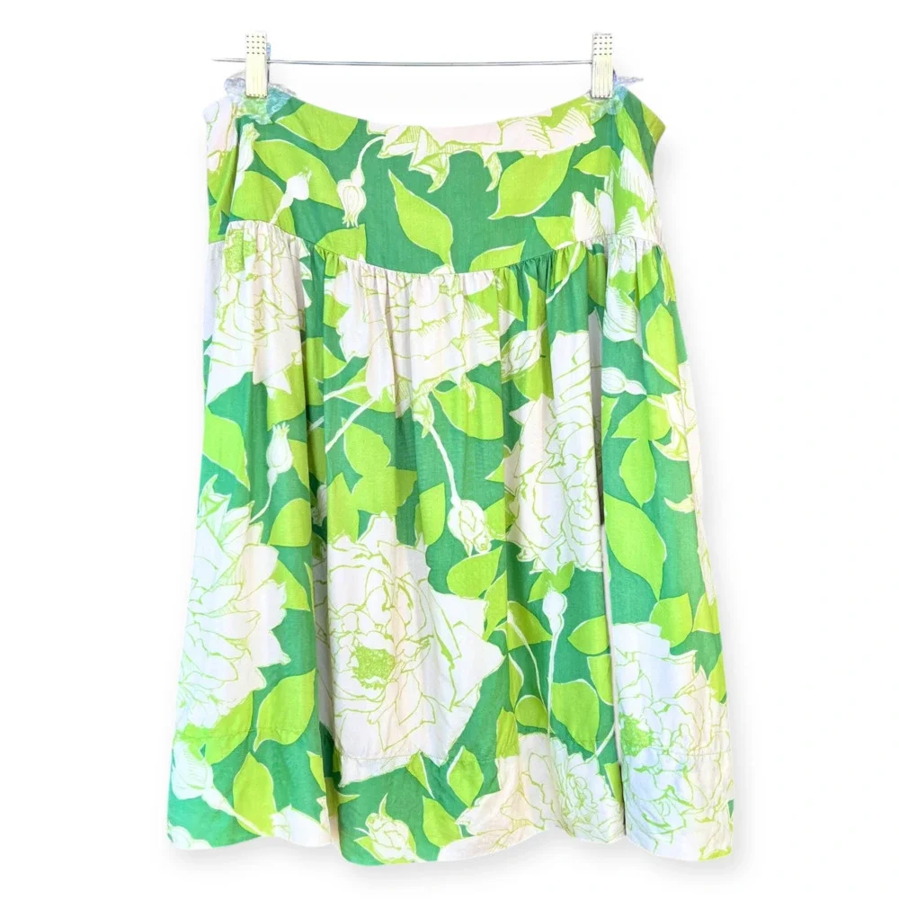 Trina Turk Vintage Floral Skirt Silk Green White A-Line Above Knee Size 8 Medium